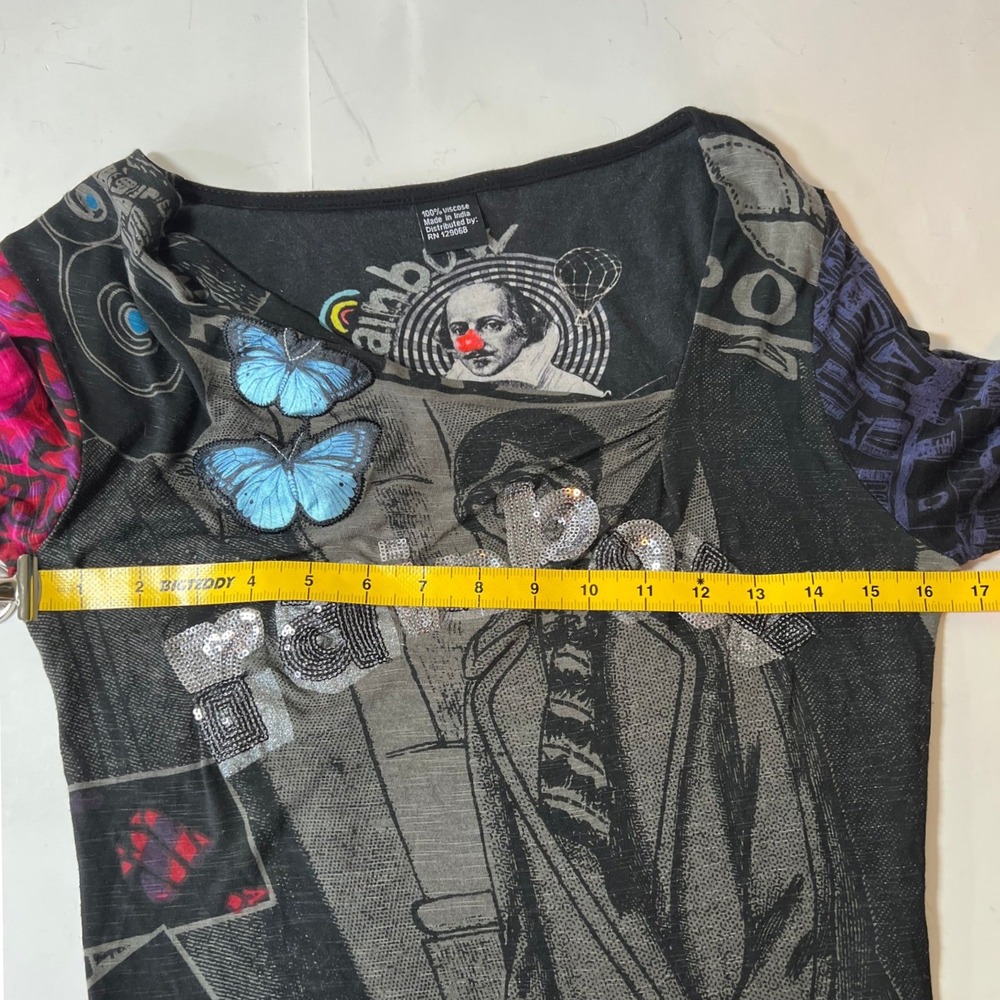 Desigual Womens Long Sleeve Rainbow Sequin Butterfly Mixed Media Graphic Top - Picture 8 of 9